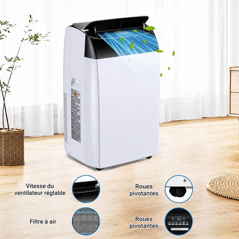 Climatiseur portable 3 en 1 - 10000 BTU (+40m²) – Silencieux - Refroidissement, déshumidification 30 L jour, ventilateur 2 vitesses – minuterie 24 h, affichage numérique