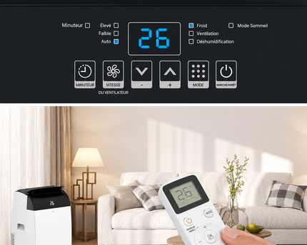 Climatiseur portable 3 en 1 - 10000 BTU (+40m²) – Silencieux - Refroidissement, déshumidification 30 L jour, ventilateur 2 vitesses – minuterie 24 h, affichage numérique